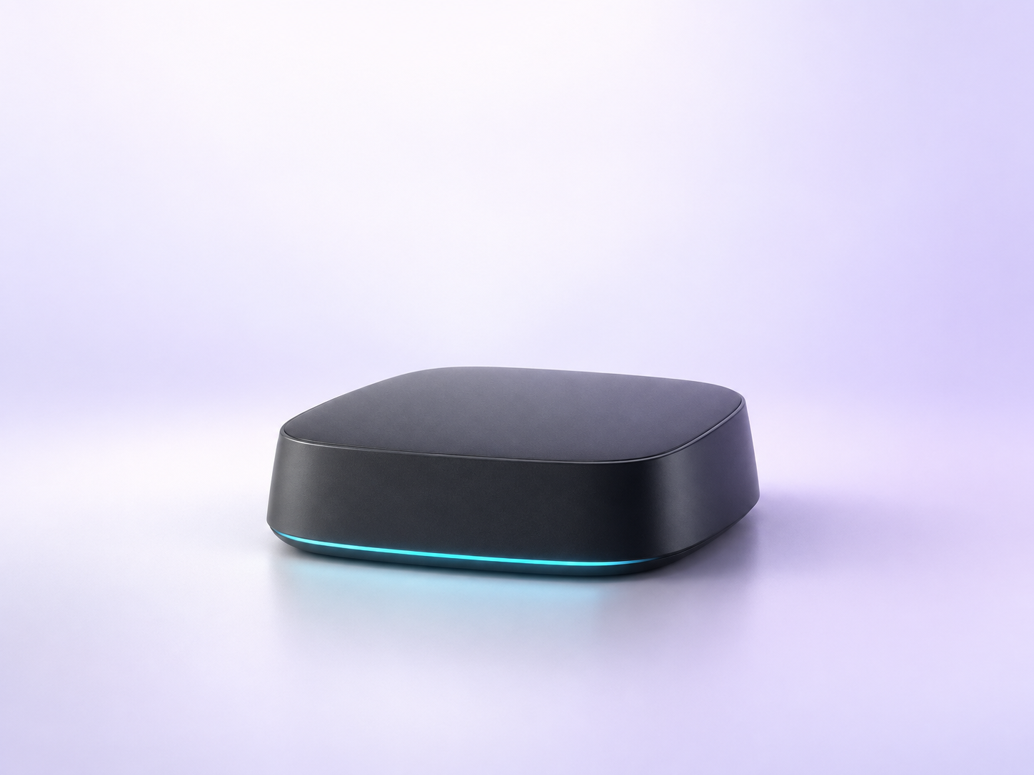 Concept render of a compact charcoal home intelligence hub with a soft cyan status light