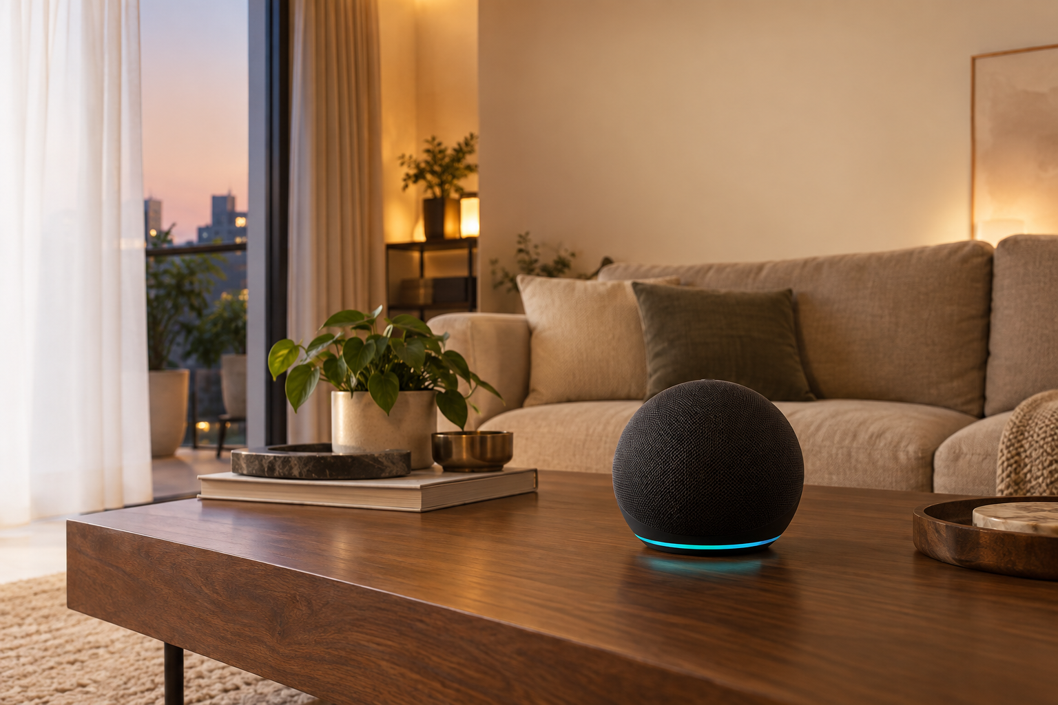 A fabric AI speaker on a coffee table in a warmly lit modern living room