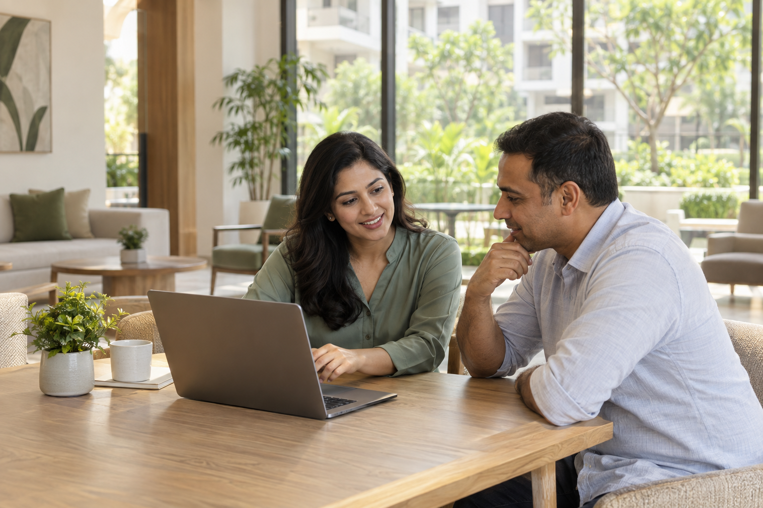 A community representative discussing a laptop with a technology advisor in a bright clubhouse
