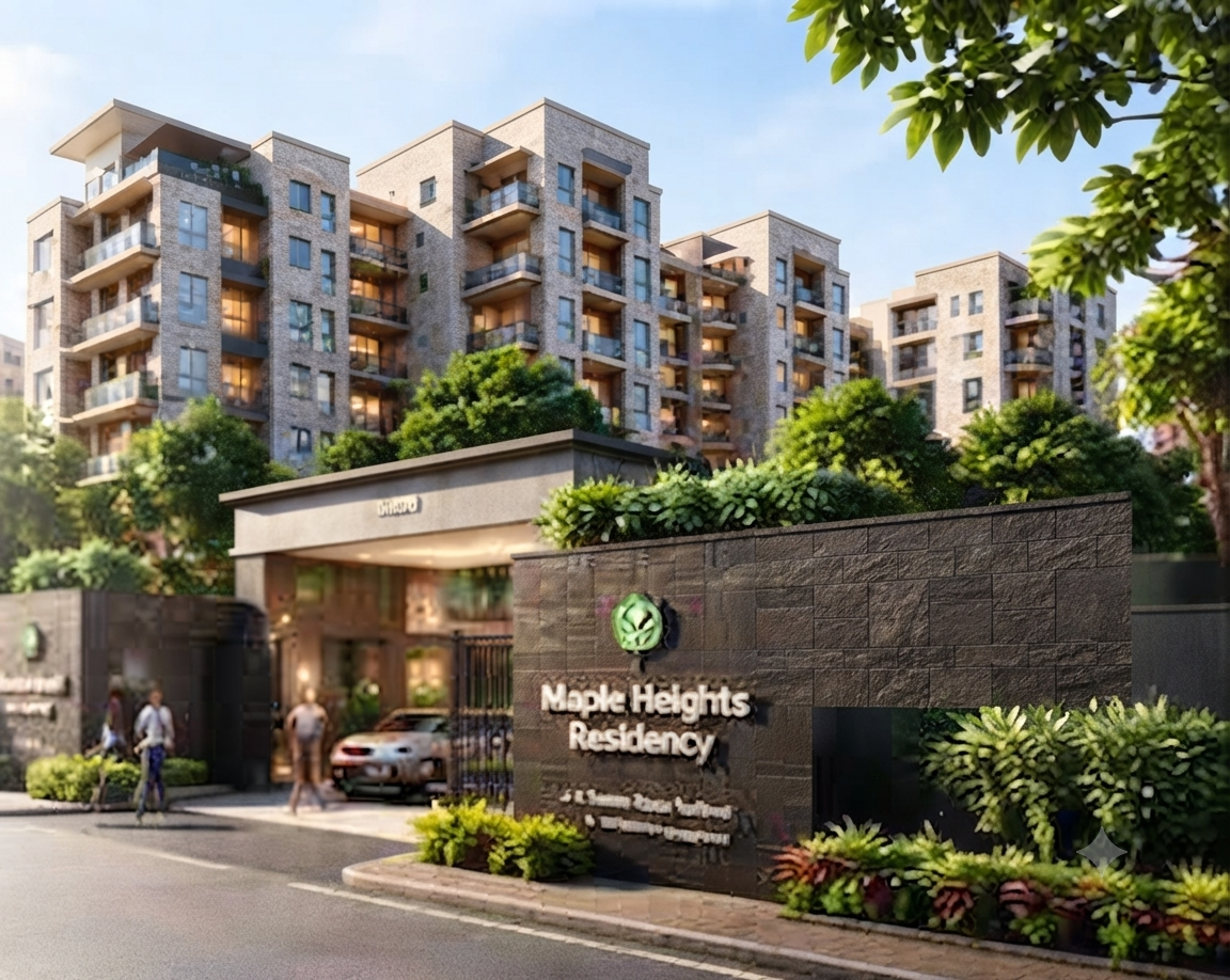 Landscaped entrance to a modern apartment community
