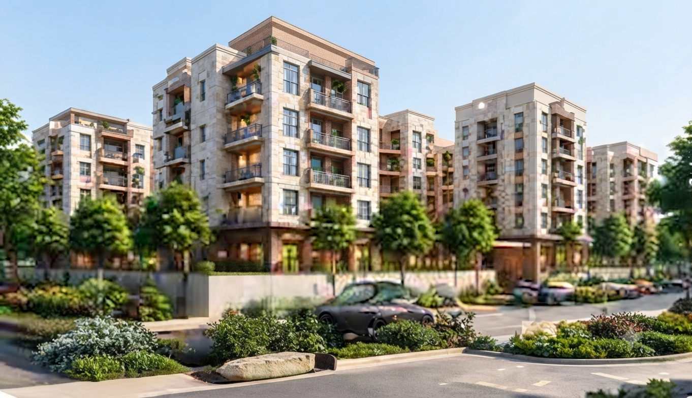 Apartment buildings surrounded by gardens and shared community spaces