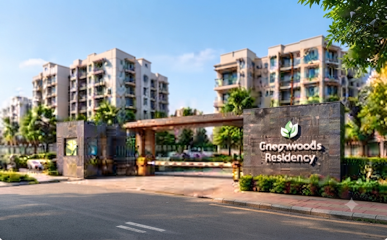 Gated residential community with apartment buildings, landscaped gardens and vehicle access