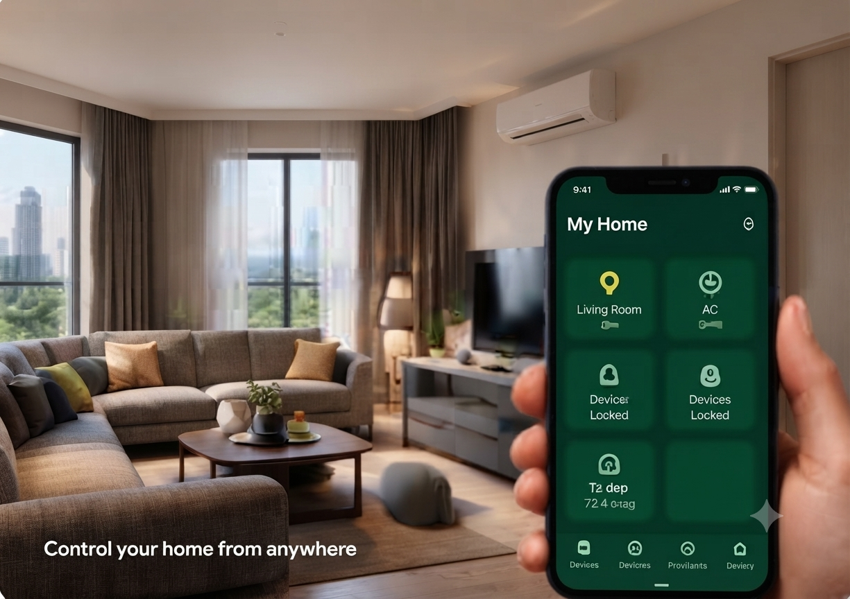 Resident controlling a connected living room from the My Home app on a phone